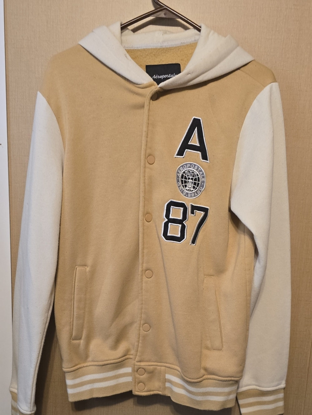 Aeropostale Men’s Cream & Tan Hooded Varsity Jacket